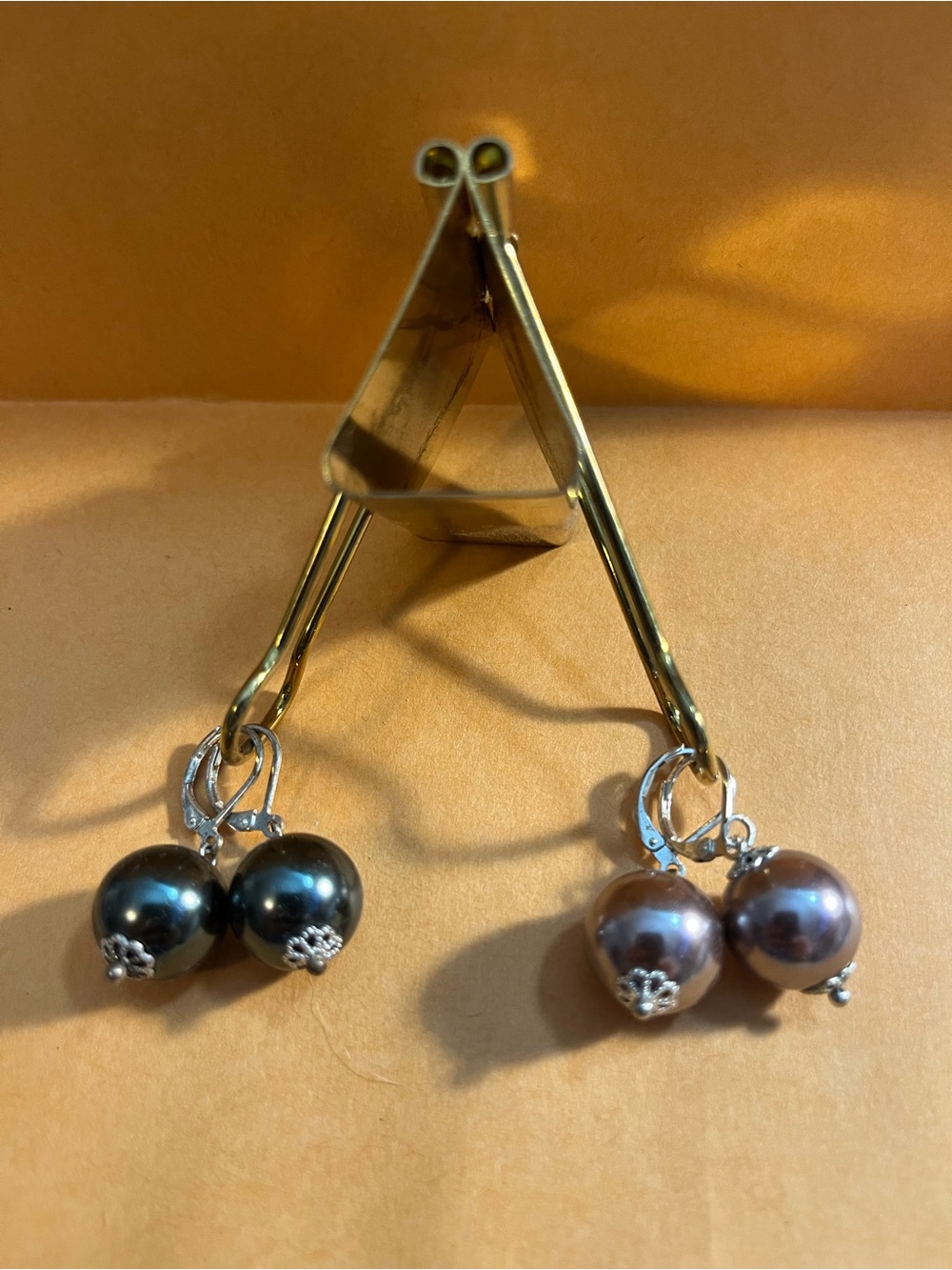 Elegant set of 2 pairs of grey and Champagne Faux Pearl Drop Earrings.